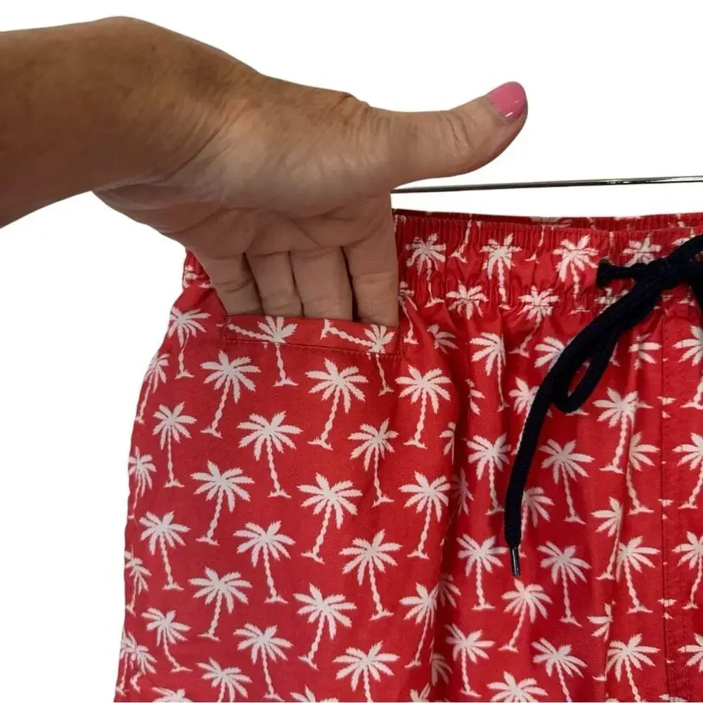 Trunks Red Palm Tree Print Swim Shorts Men’s Large Quick‑Dry Tropi‑Vacay Core